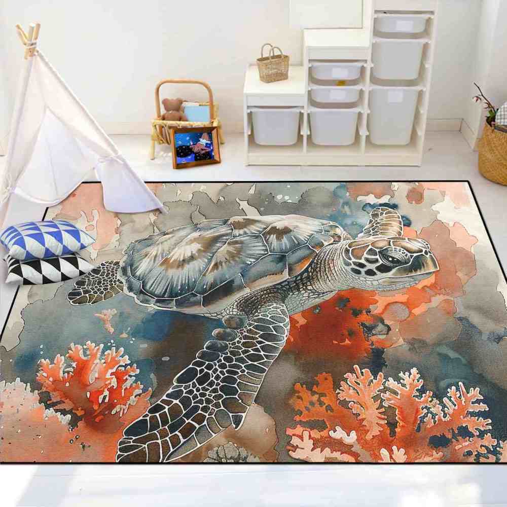 Watercolor Coral Sea Turtle Rug Upgrade Ultra Non-Slip Living Room | CozyLil