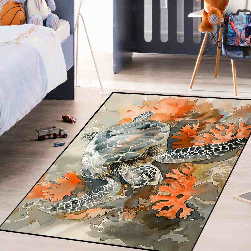 Earthy Coral Reef Sea Turtle Rug Upgrade Ultra Non-Slip Bedroom | CozyLil