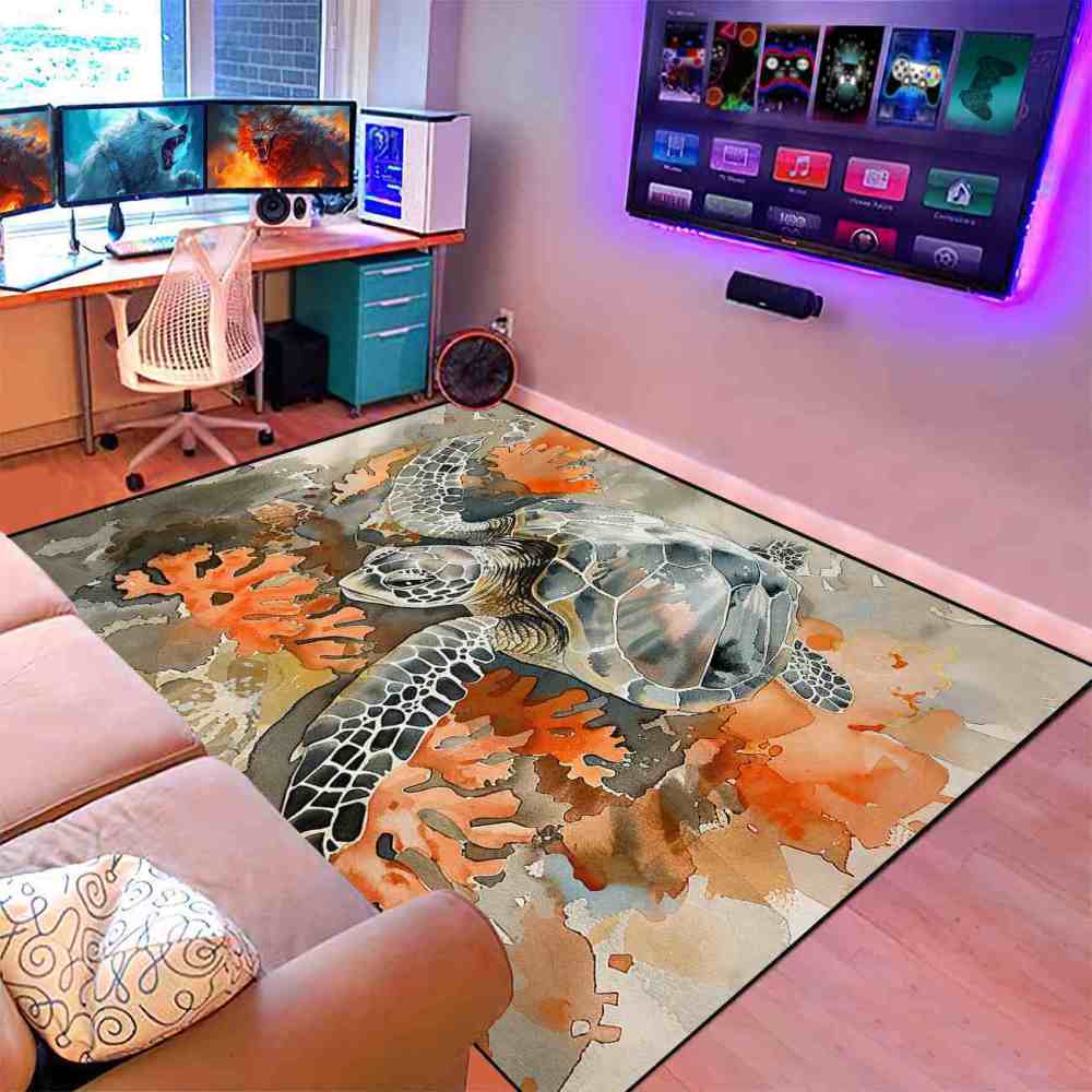 Earthy Coral Reef Sea Turtle Rug Upgrade Ultra Non-Slip Bedroom | CozyLil