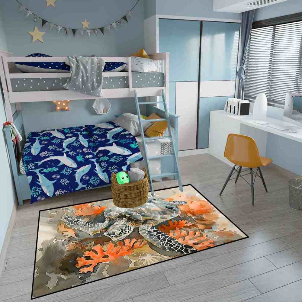 Earthy Coral Reef Sea Turtle Rug Upgrade Ultra Non-Slip Bedroom | CozyLil