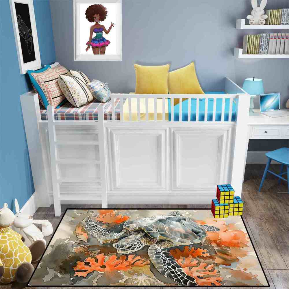 Earthy Coral Reef Sea Turtle Rug Upgrade Ultra Non-Slip Bedroom | CozyLil