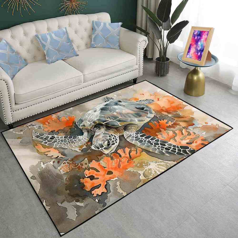 Earthy Coral Reef Sea Turtle Rug Upgrade Ultra Non-Slip Bedroom | CozyLil