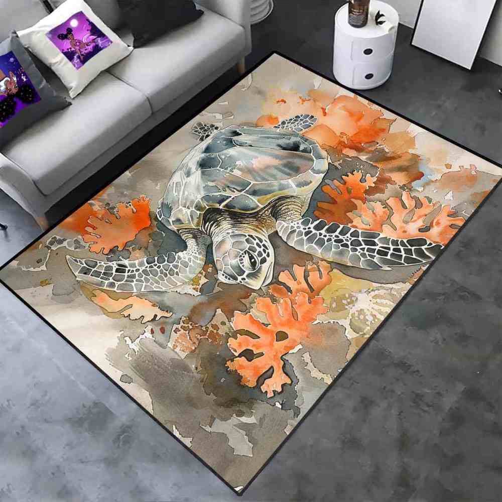 Earthy Coral Reef Sea Turtle Rug Upgrade Ultra Non-Slip Bedroom | CozyLil