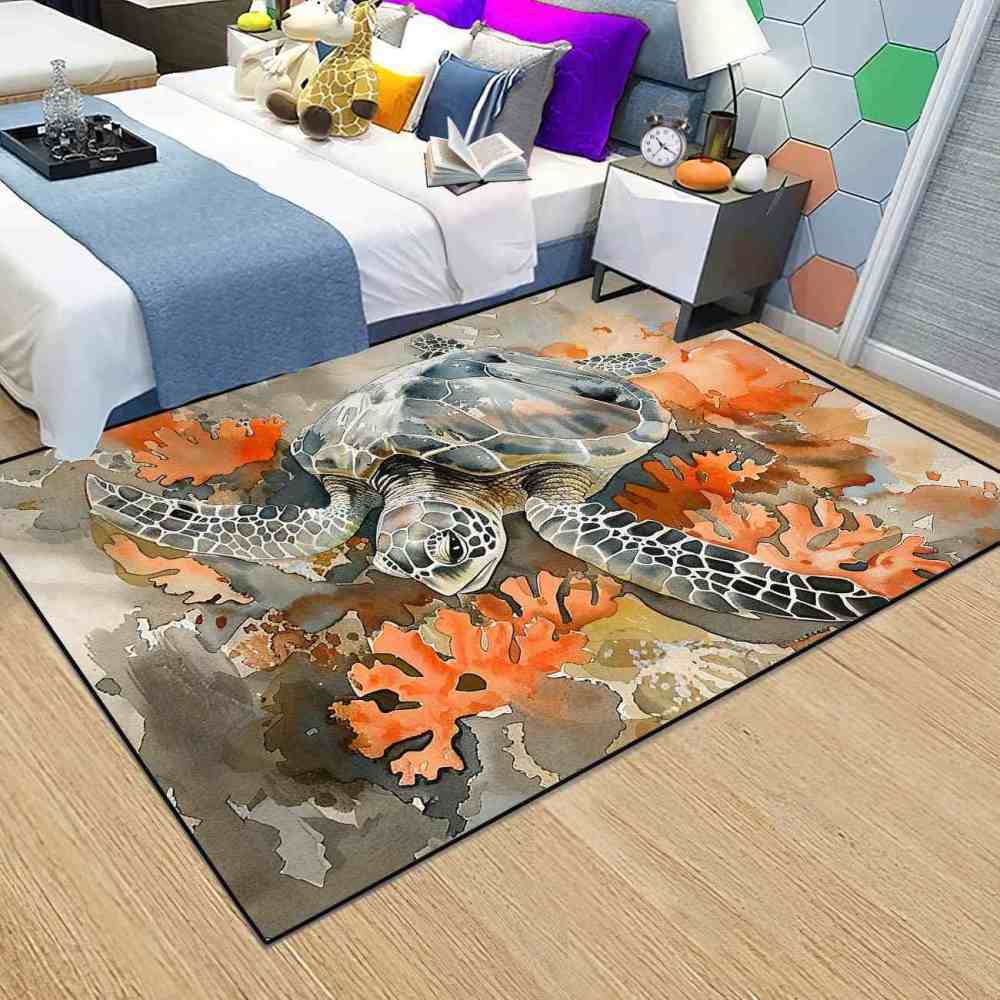 Earthy Coral Reef Sea Turtle Rug Upgrade Ultra Non-Slip Bedroom | CozyLil