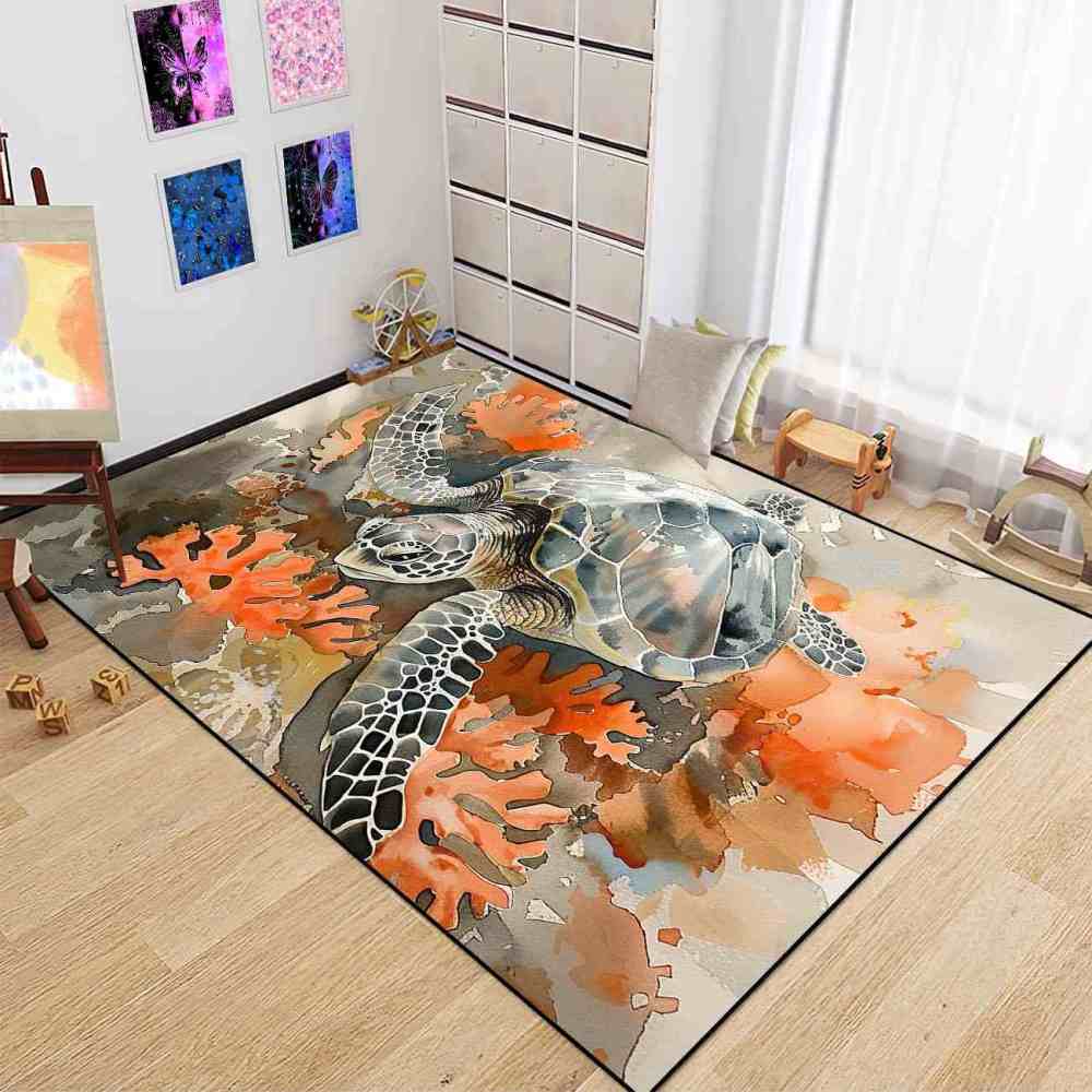 Earthy Coral Reef Sea Turtle Rug Upgrade Ultra Non-Slip Bedroom | CozyLil