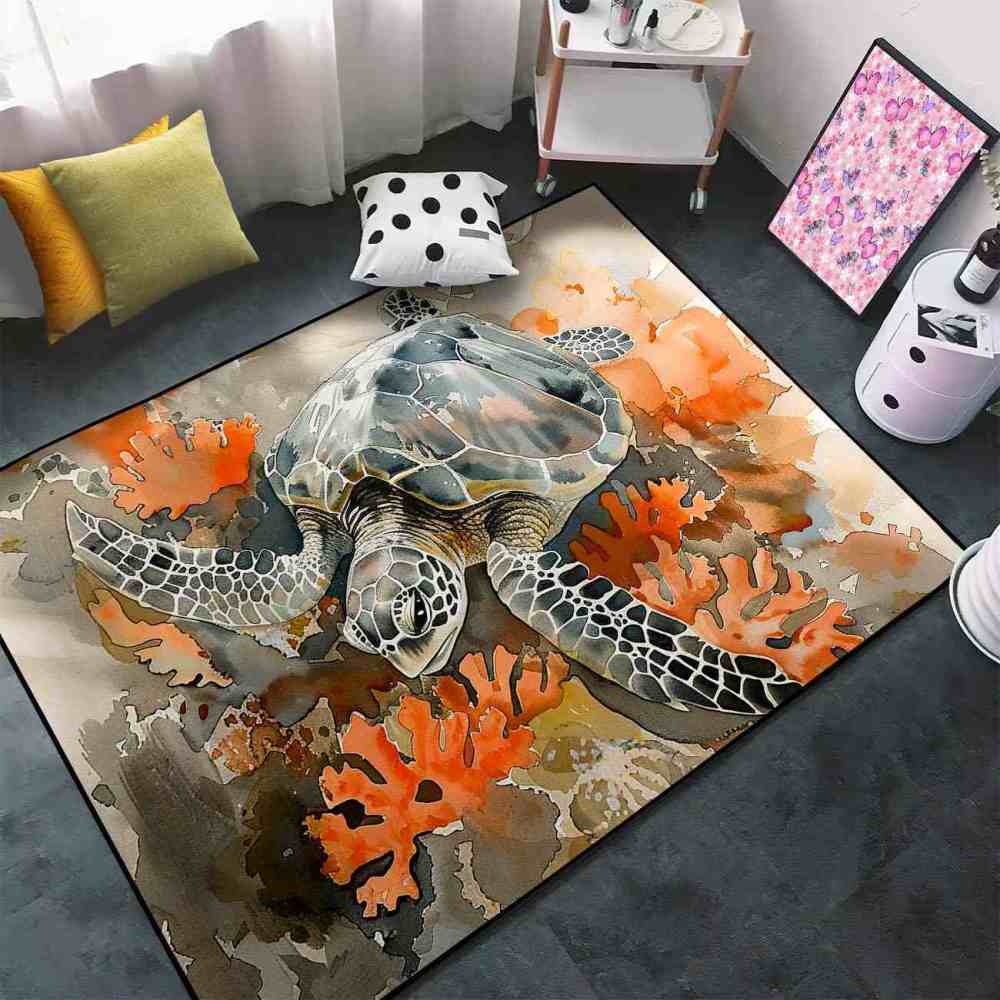 Earthy Coral Reef Sea Turtle Rug Upgrade Ultra Non-Slip Bedroom | CozyLil
