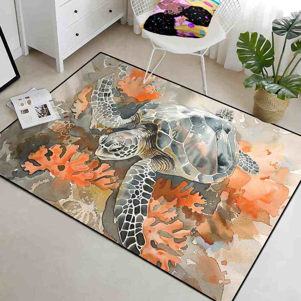 Earthy Coral Reef Sea Turtle Rug Upgrade Ultra Non-Slip Bedroom | CozyLil