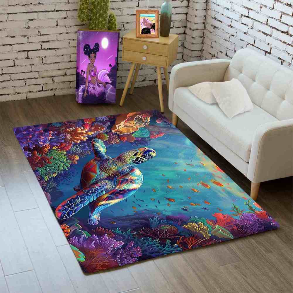 Colorful Coral Reef Sea Turtle Kids Playroom Rug Upgrade Ultra Non-Slip | CozyLil