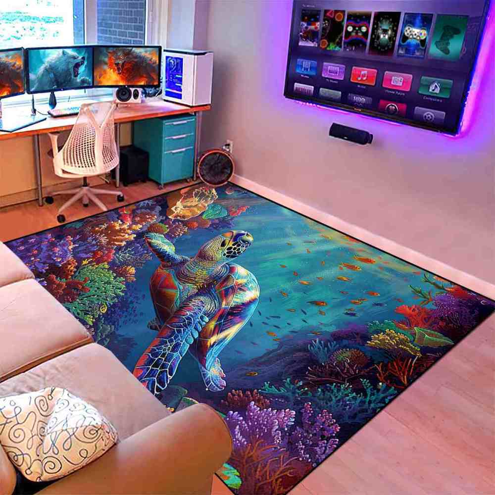 Colorful Coral Reef Sea Turtle Kids Playroom Rug Upgrade Ultra Non-Slip | CozyLil