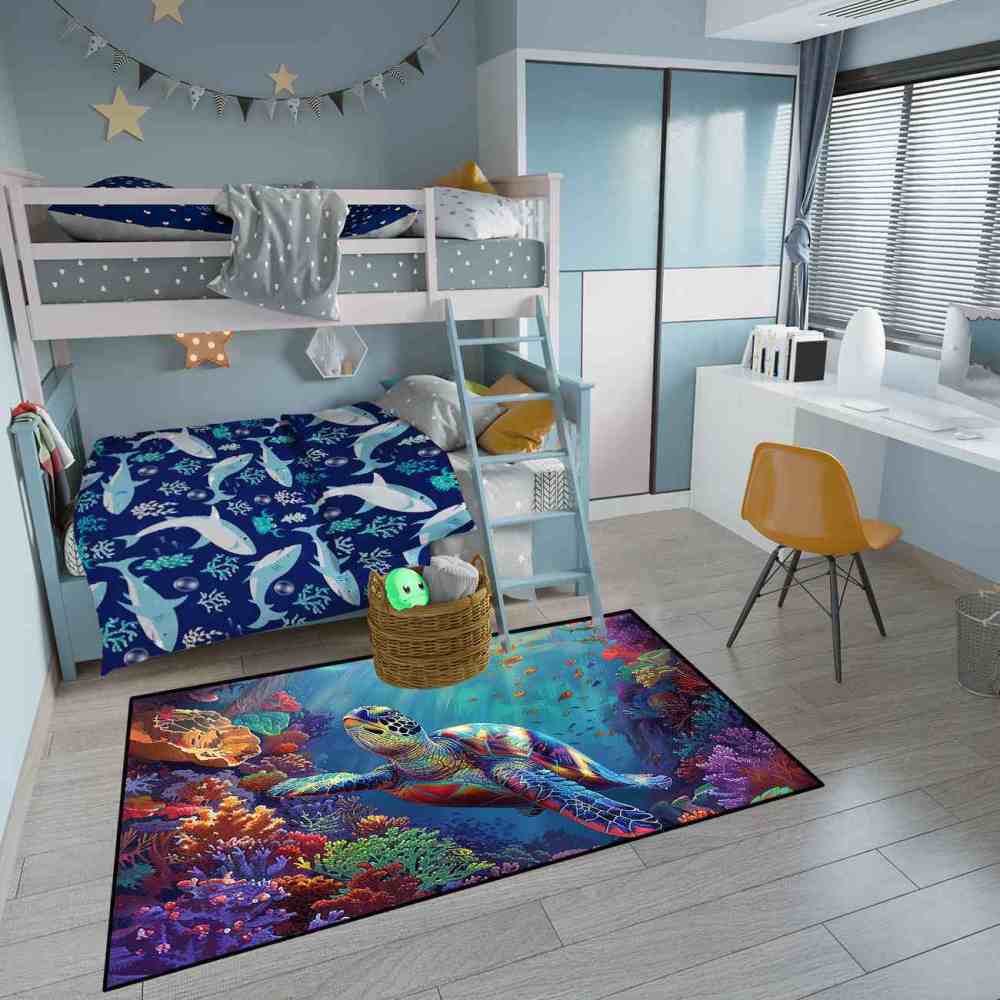 Colorful Coral Reef Sea Turtle Kids Playroom Rug Upgrade Ultra Non-Slip | CozyLil