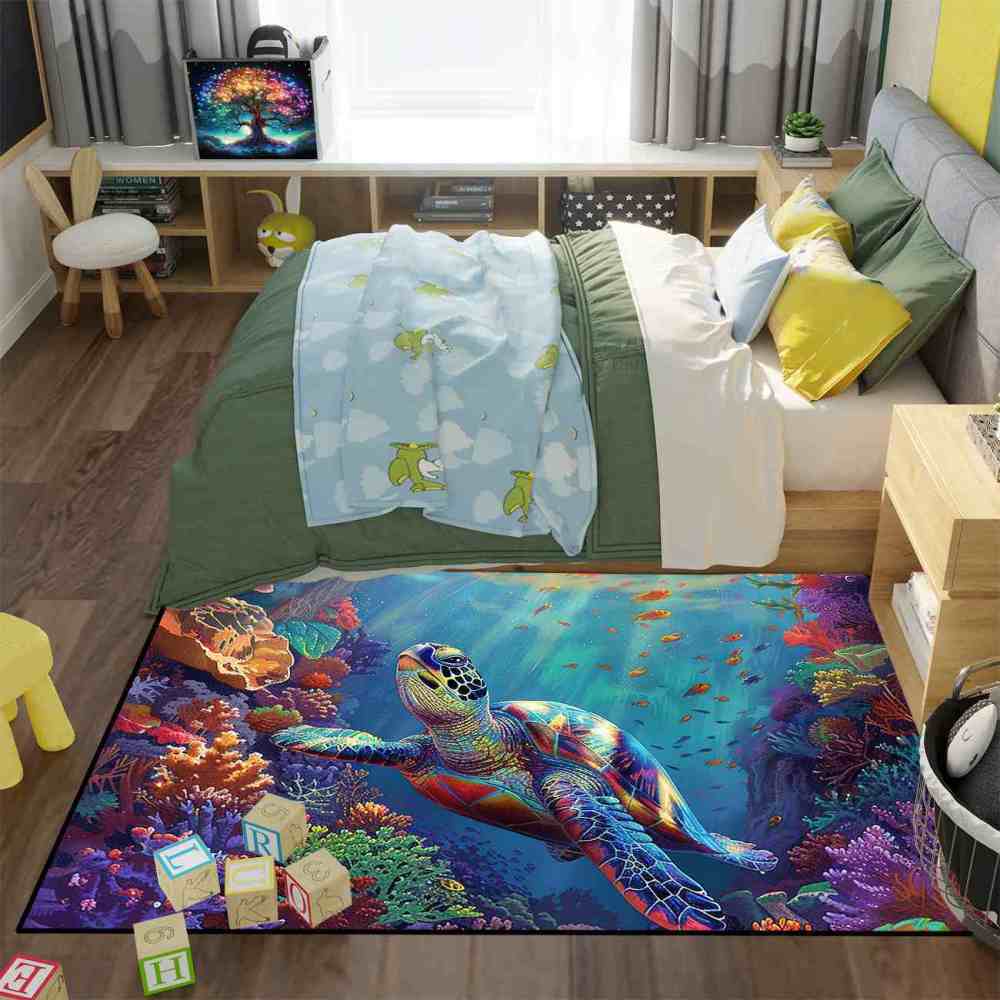 Colorful Coral Reef Sea Turtle Kids Playroom Rug Upgrade Ultra Non-Slip | CozyLil