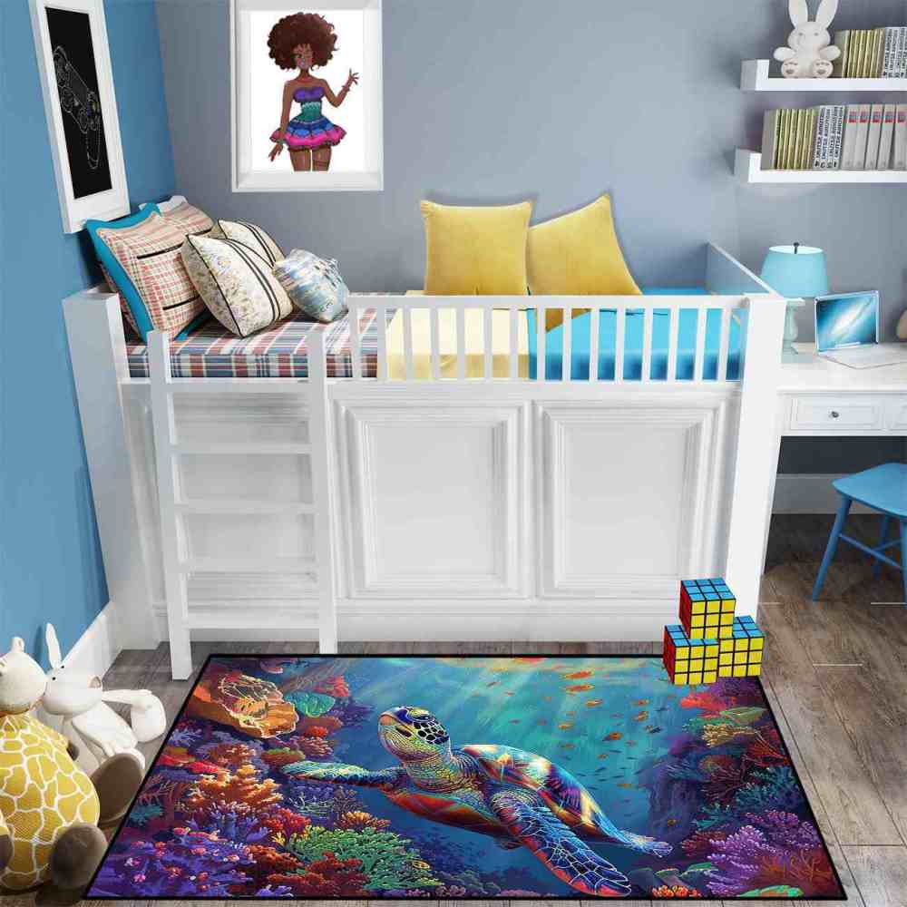 Colorful Coral Reef Sea Turtle Kids Playroom Rug Upgrade Ultra Non-Slip | CozyLil