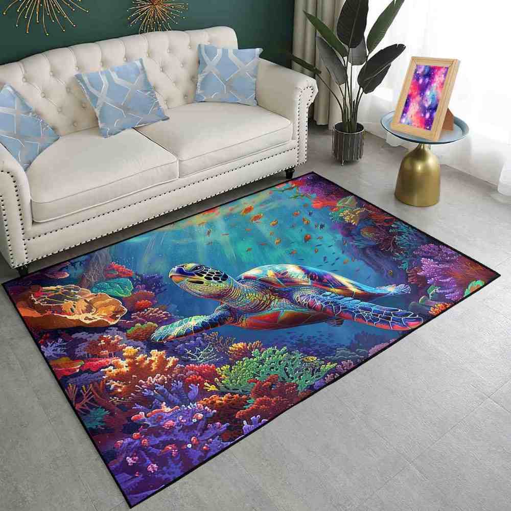 Colorful Coral Reef Sea Turtle Kids Playroom Rug Upgrade Ultra Non-Slip | CozyLil