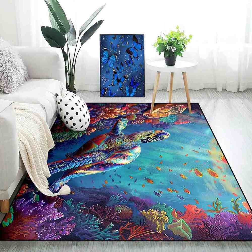 Colorful Coral Reef Sea Turtle Kids Playroom Rug Upgrade Ultra Non-Slip | CozyLil