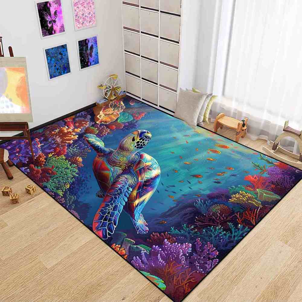 Colorful Coral Reef Sea Turtle Kids Playroom Rug Upgrade Ultra Non-Slip | CozyLil