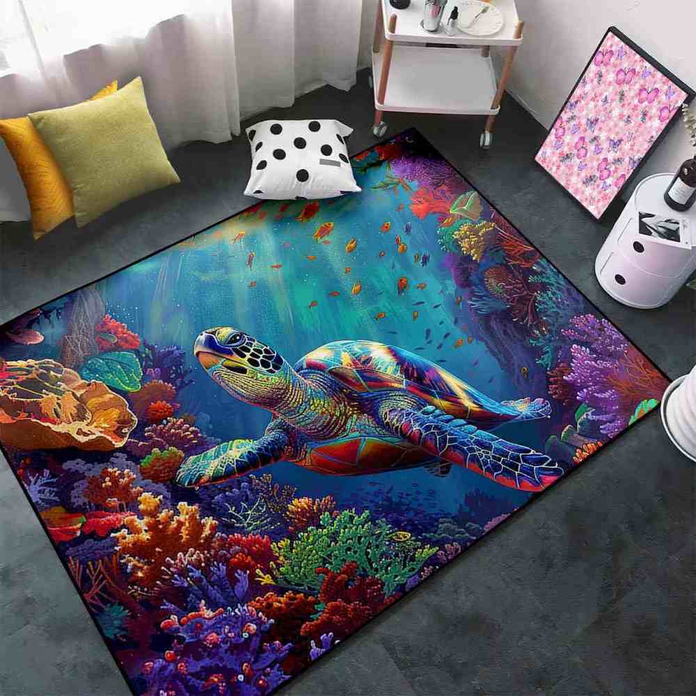 Colorful Coral Reef Sea Turtle Kids Playroom Rug Upgrade Ultra Non-Slip | CozyLil