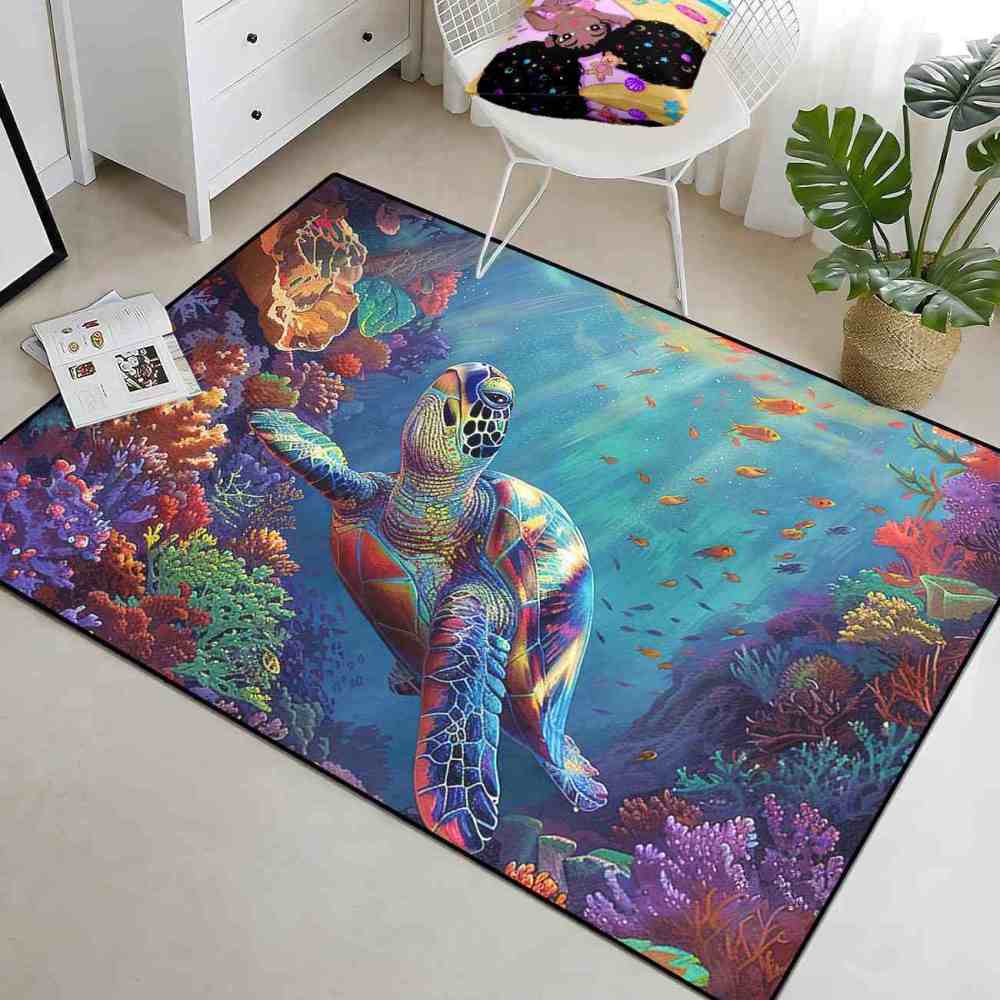 Colorful Coral Reef Sea Turtle Kids Playroom Rug Upgrade Ultra Non-Slip | CozyLil