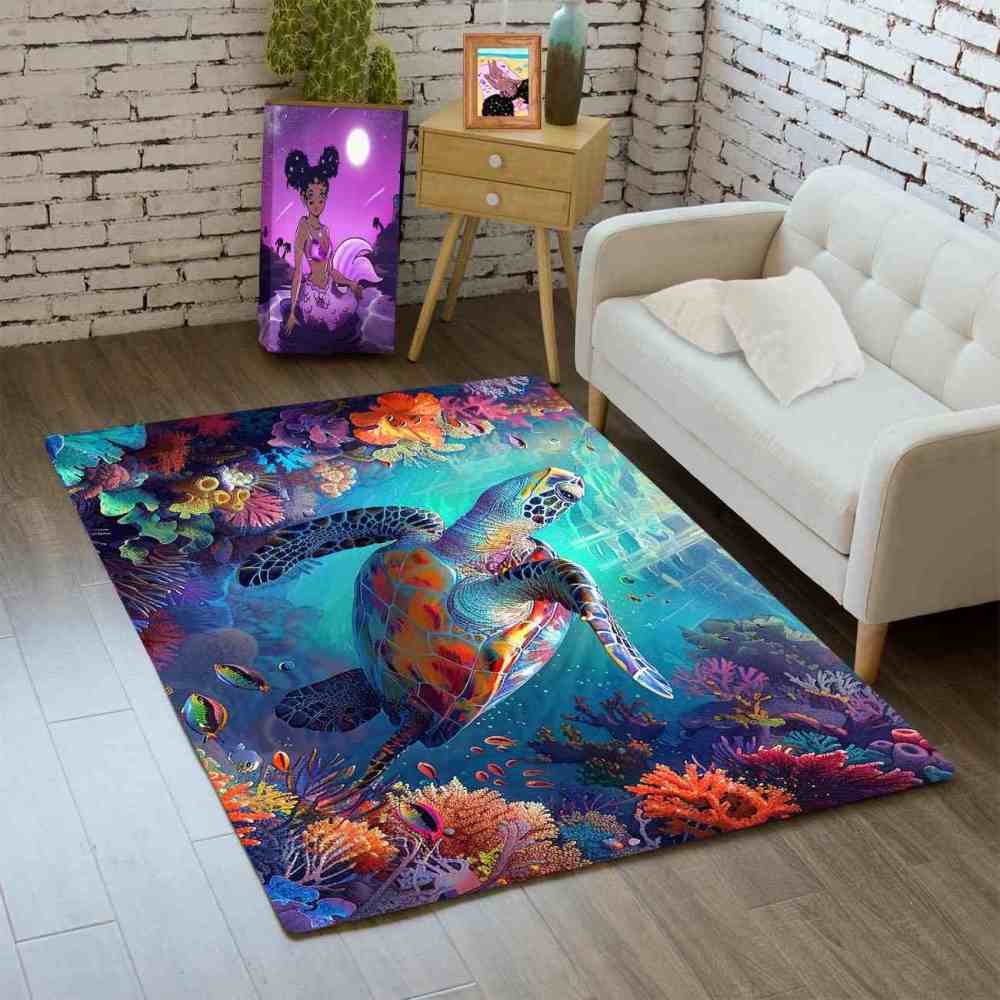 Vivid Tropical Sea Turtle Teen Bedroom Rug Upgrade Ultra Non-Slip | CozyLil