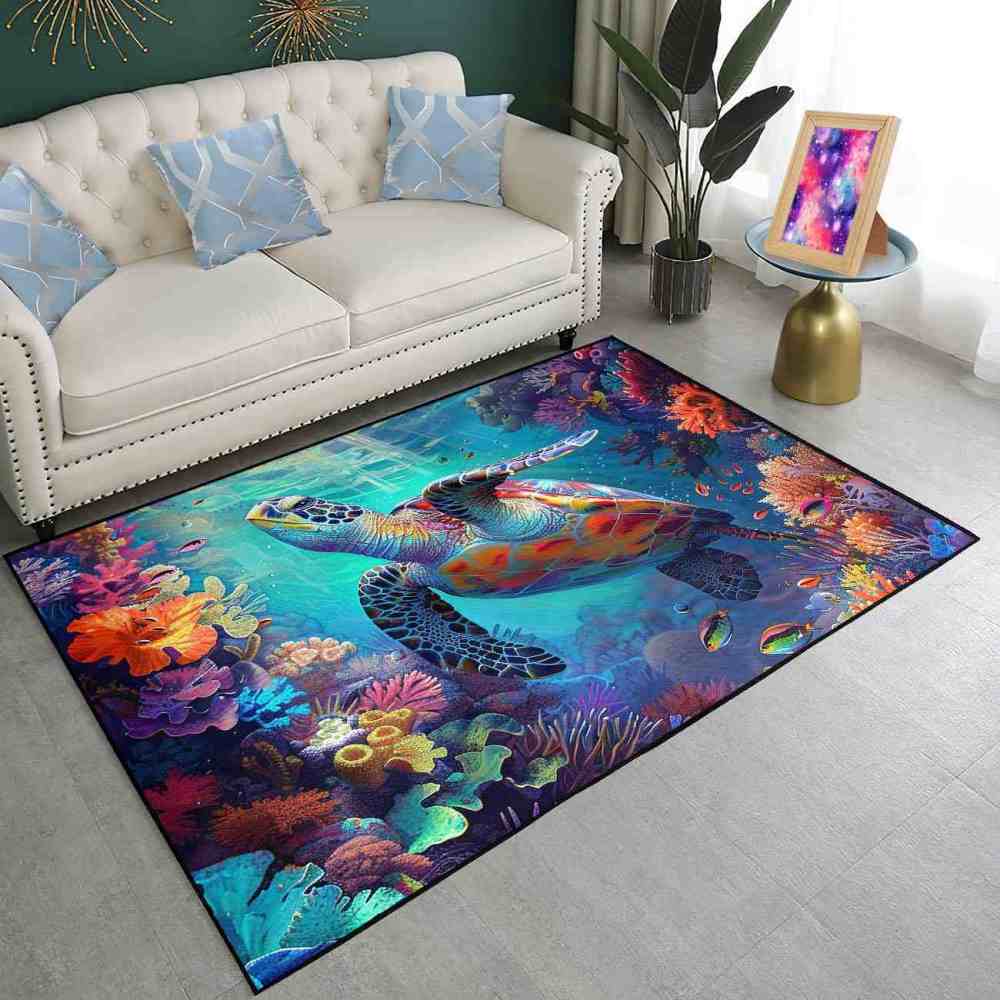 Vivid Tropical Sea Turtle Teen Bedroom Rug Upgrade Ultra Non-Slip | CozyLil
