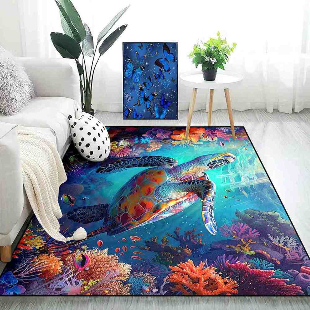 Vivid Tropical Sea Turtle Teen Bedroom Rug Upgrade Ultra Non-Slip | CozyLil