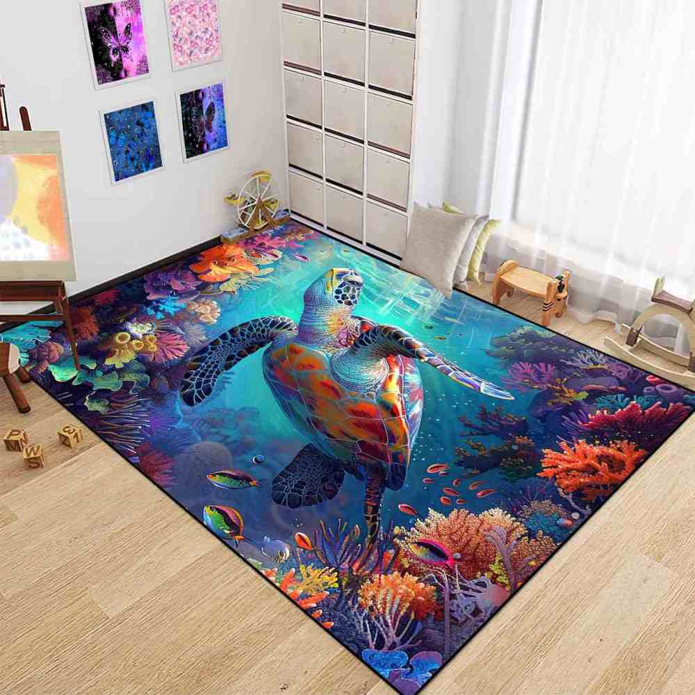 Vivid Tropical Sea Turtle Teen Bedroom Rug Upgrade Ultra Non-Slip | CozyLil