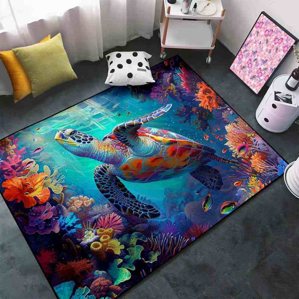 Vivid Tropical Sea Turtle Teen Bedroom Rug Upgrade Ultra Non-Slip | CozyLil