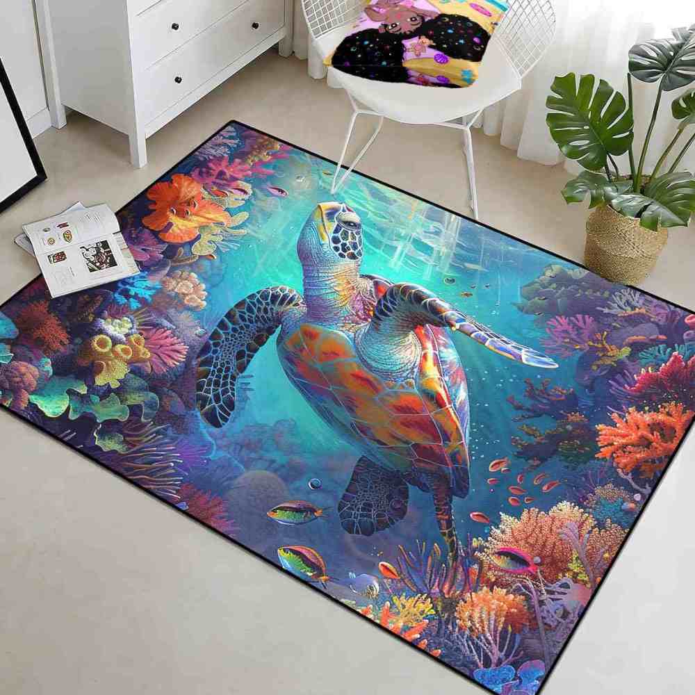 Vivid Tropical Sea Turtle Teen Bedroom Rug Upgrade Ultra Non-Slip | CozyLil