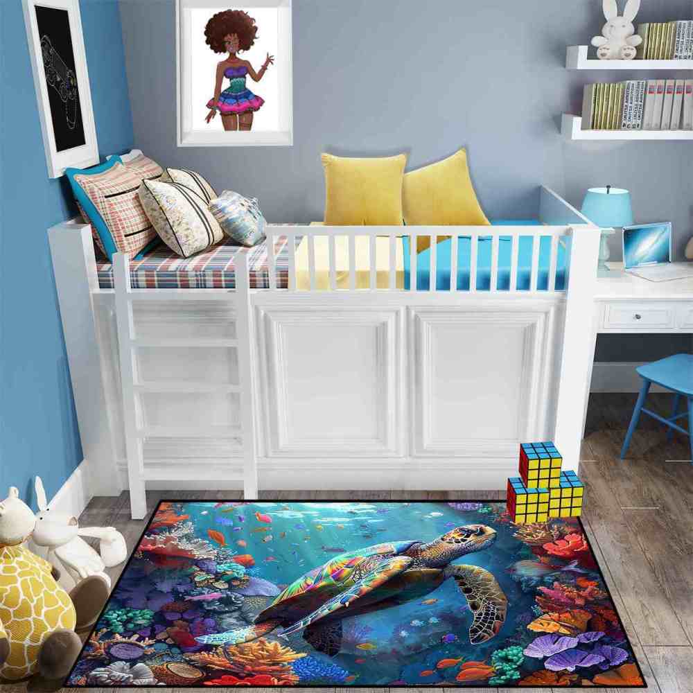 Deep Sea Fish & Turtle Toddler Play Rug Upgrade Ultra Non-Slip | CozyLil
