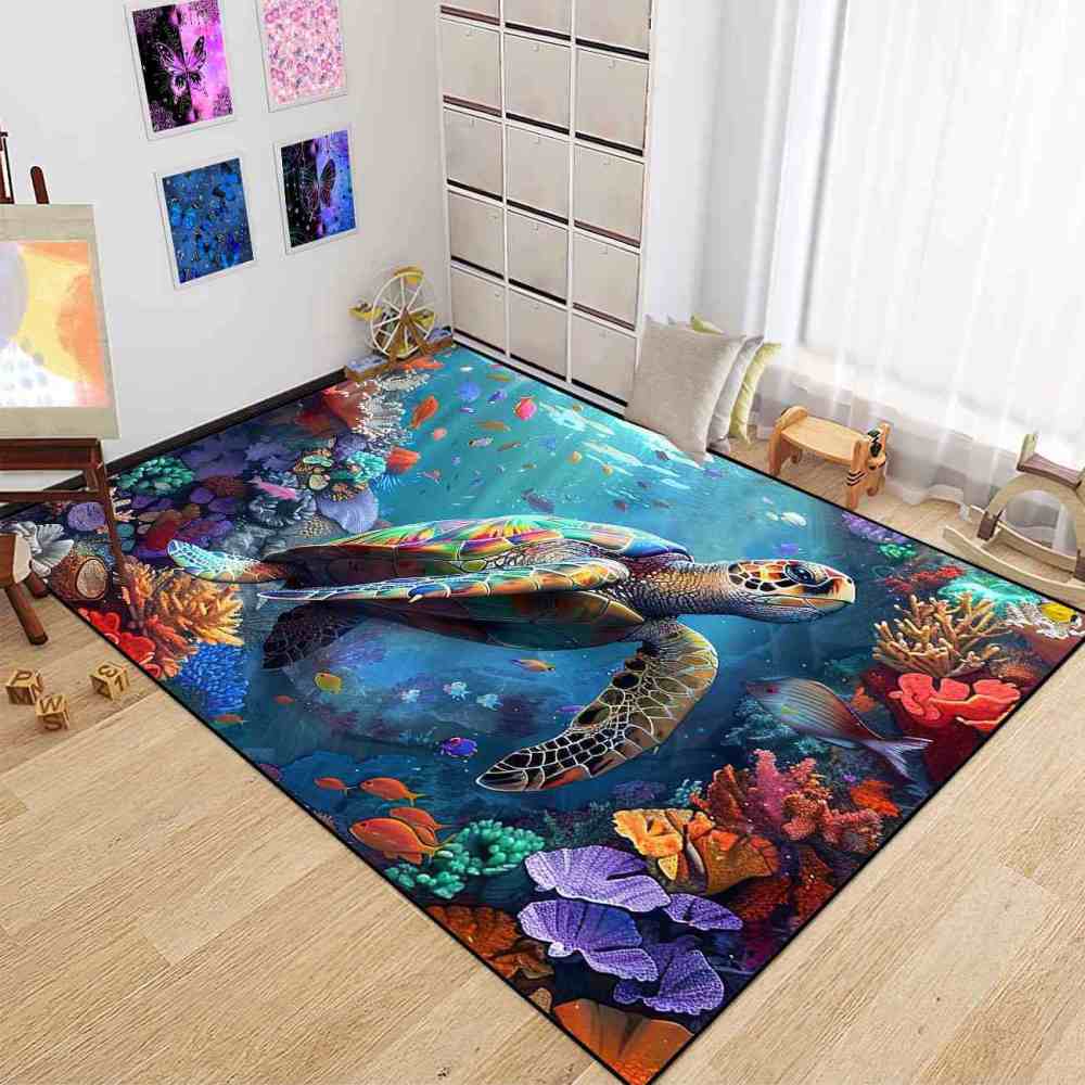 Deep Sea Fish & Turtle Toddler Play Rug Upgrade Ultra Non-Slip | CozyLil