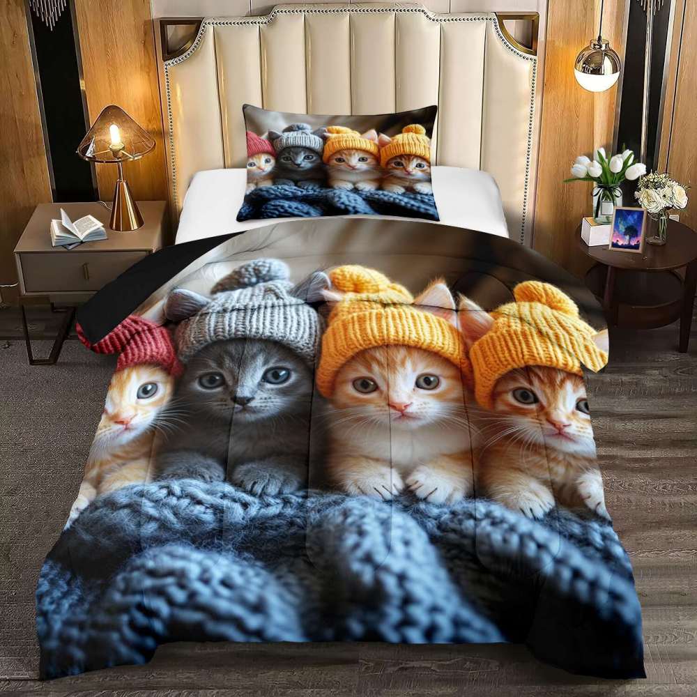 Winter Beanie Kittens Comforter Set Kids Bedroom Bedding | CozyLil