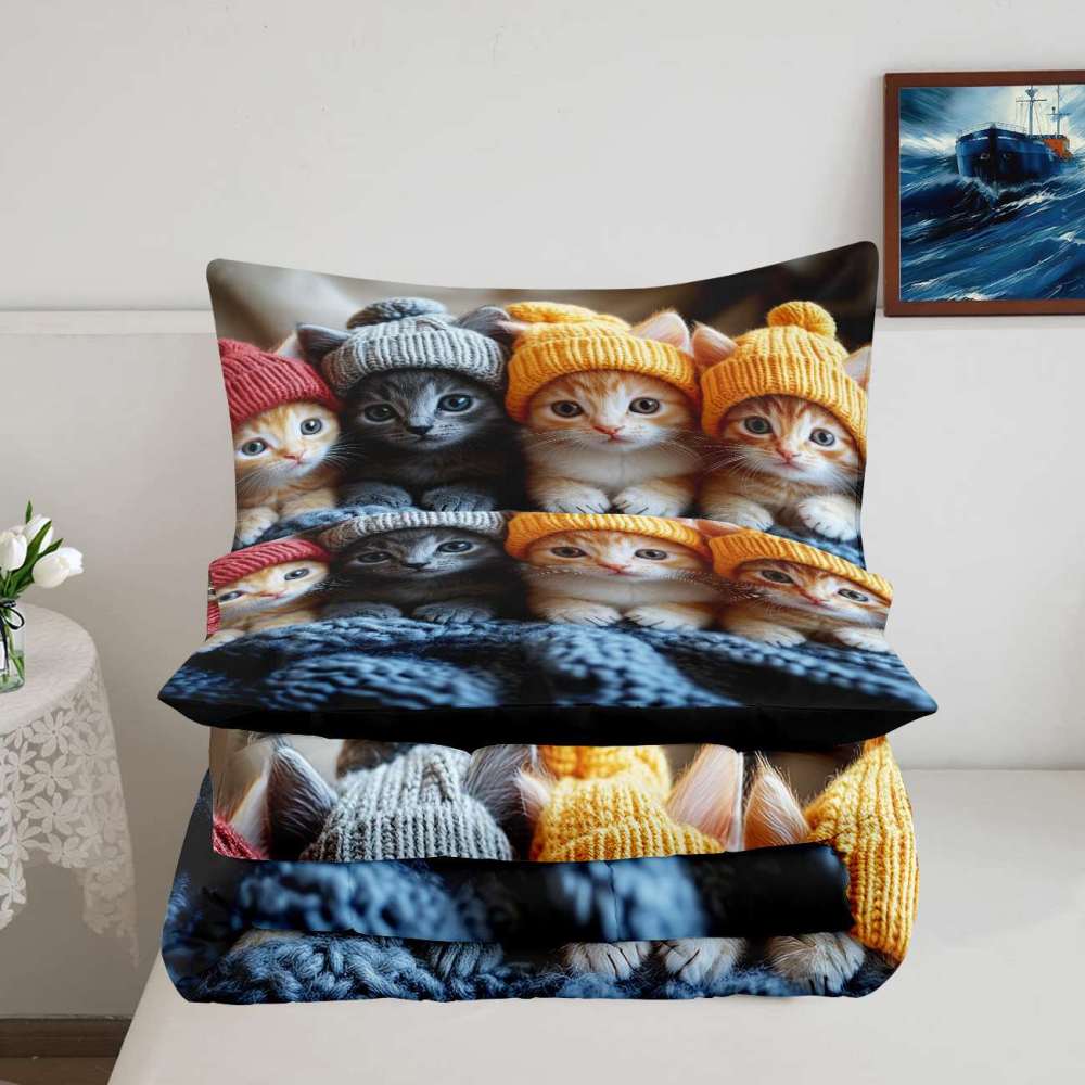 Winter Beanie Kittens Comforter Set Kids Bedroom Bedding | CozyLil
