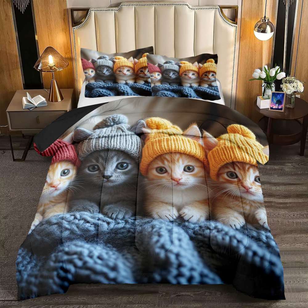 Winter Beanie Kittens Comforter Set Kids Bedroom Bedding | CozyLil