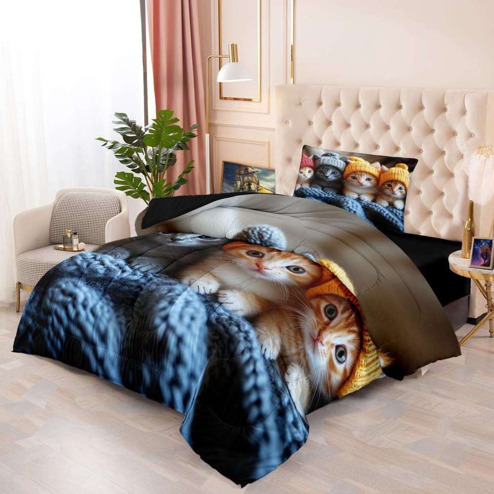 Winter Beanie Kittens Comforter Set Kids Bedroom Bedding | CozyLil