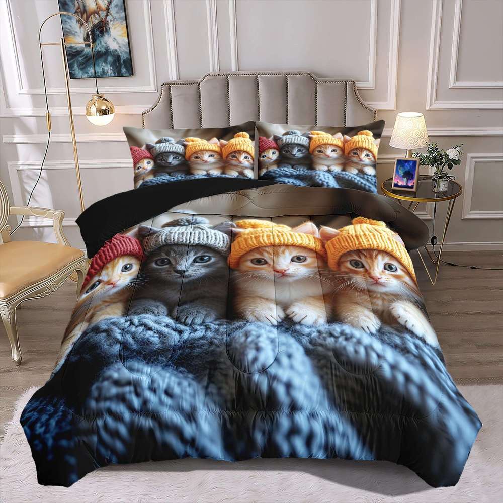 Winter Beanie Kittens Comforter Set Kids Bedroom Bedding | CozyLil