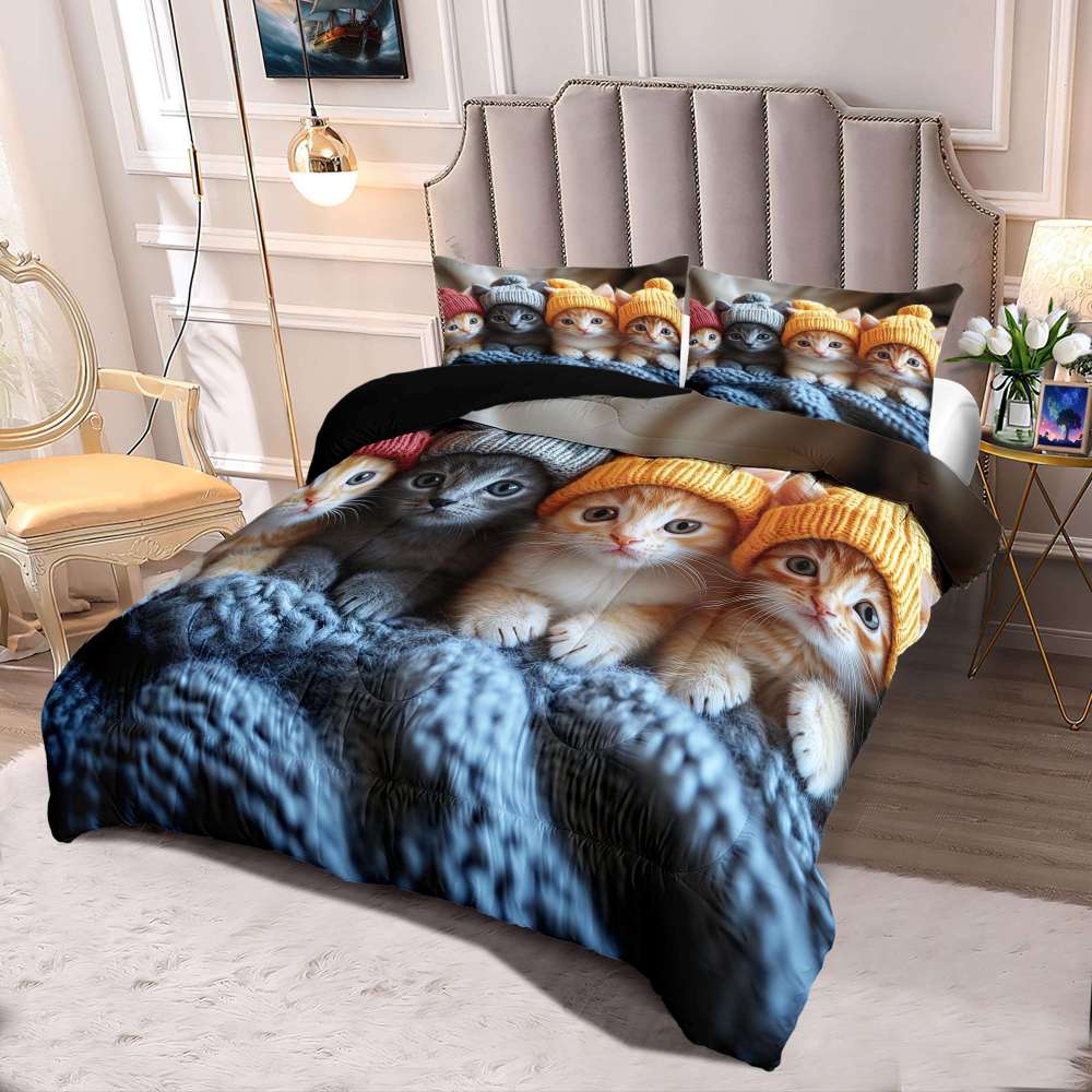 Winter Beanie Kittens Comforter Set Kids Bedroom Bedding | CozyLil
