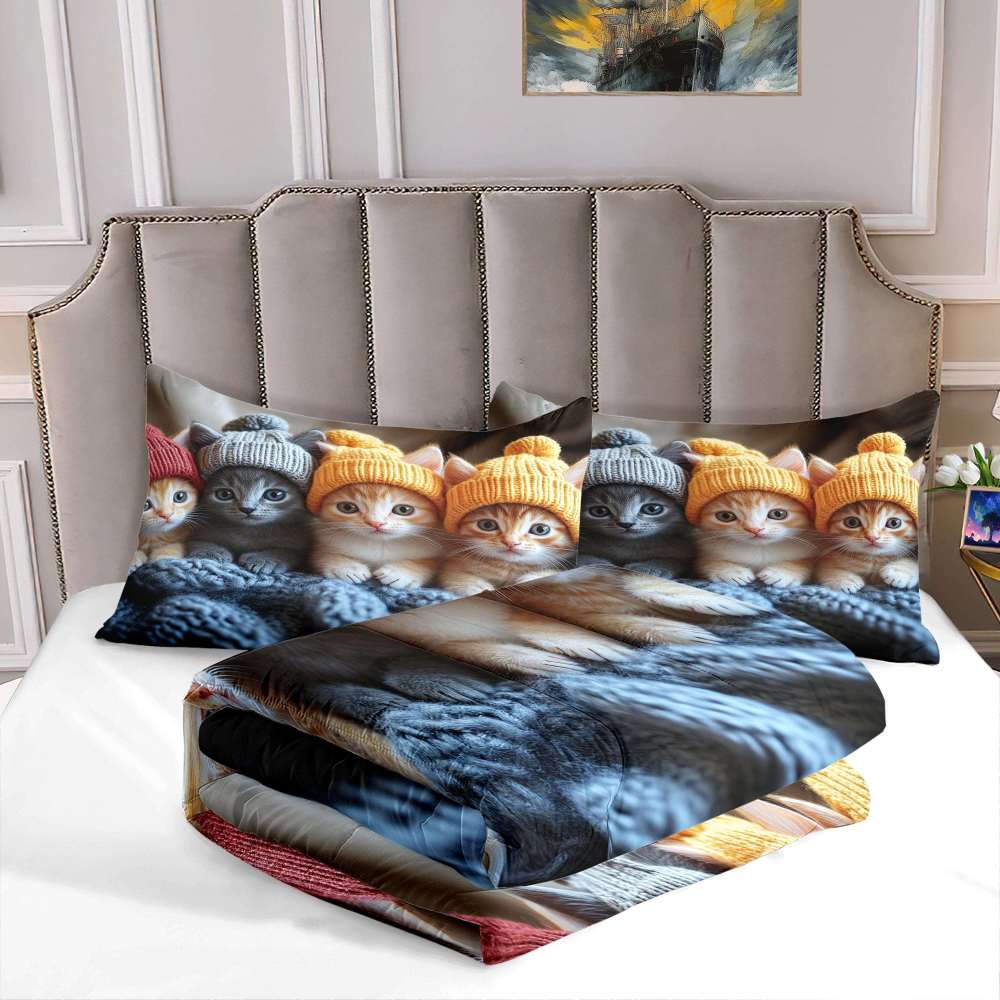 Winter Beanie Kittens Comforter Set Kids Bedroom Bedding | CozyLil