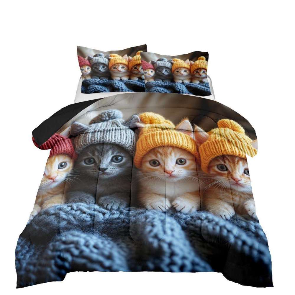 Winter Beanie Kittens Comforter Set Kids Bedroom Bedding | CozyLil
