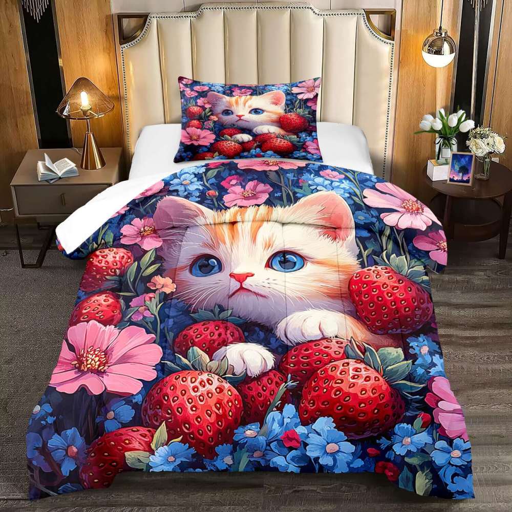 Strawberry Garden Kitten Comforter Set Girls Room | CozyLil