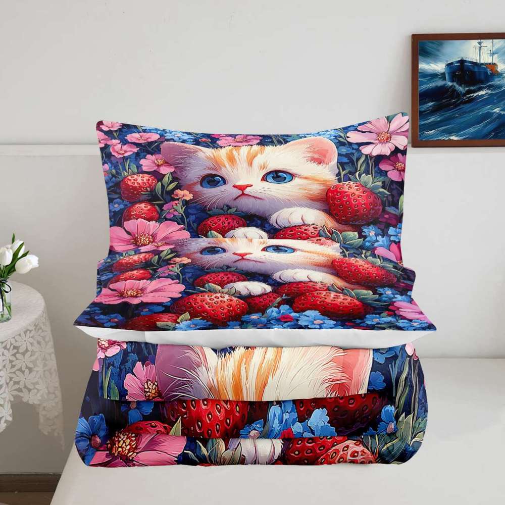Strawberry Garden Kitten Comforter Set Girls Room | CozyLil