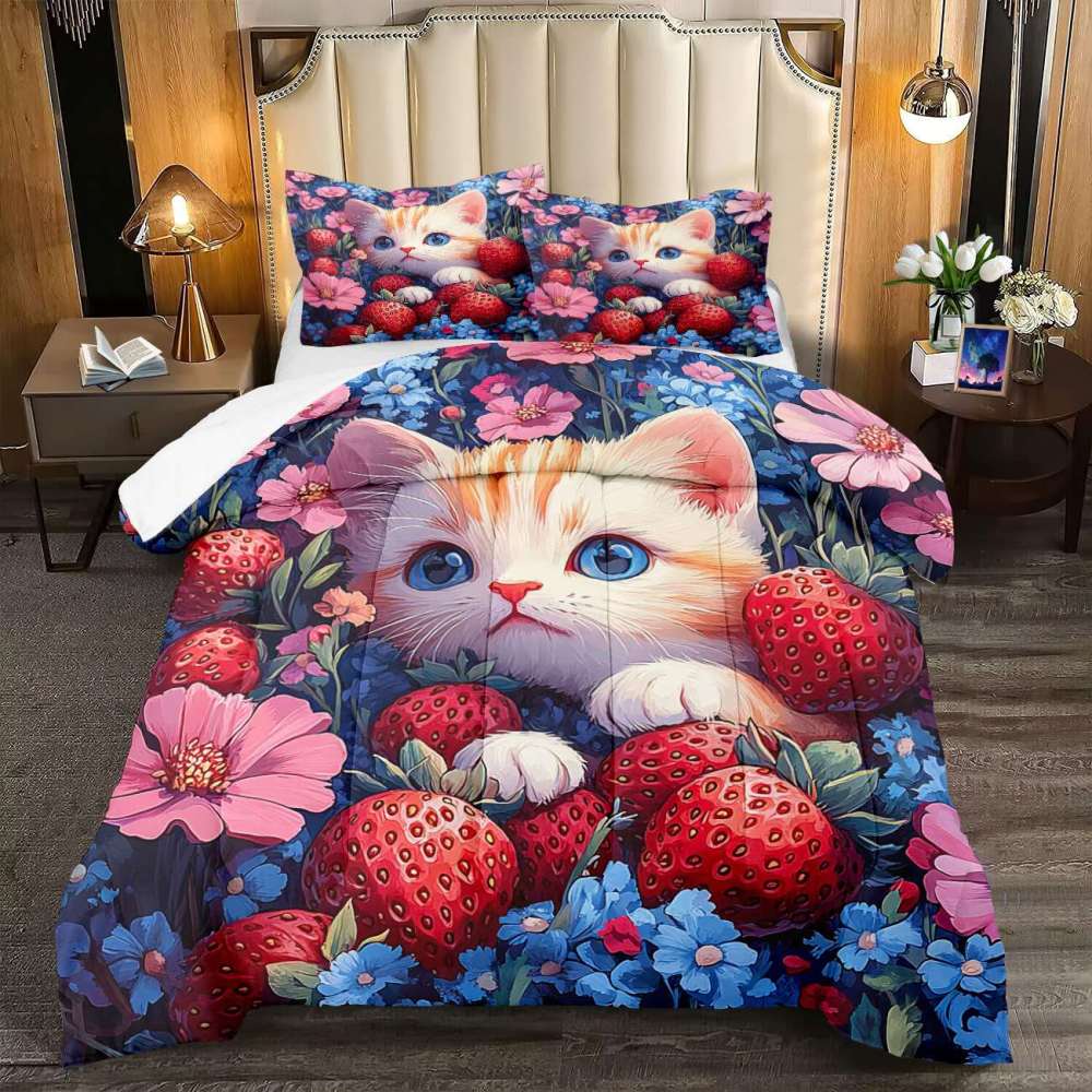 Strawberry Garden Kitten Comforter Set Girls Room | CozyLil