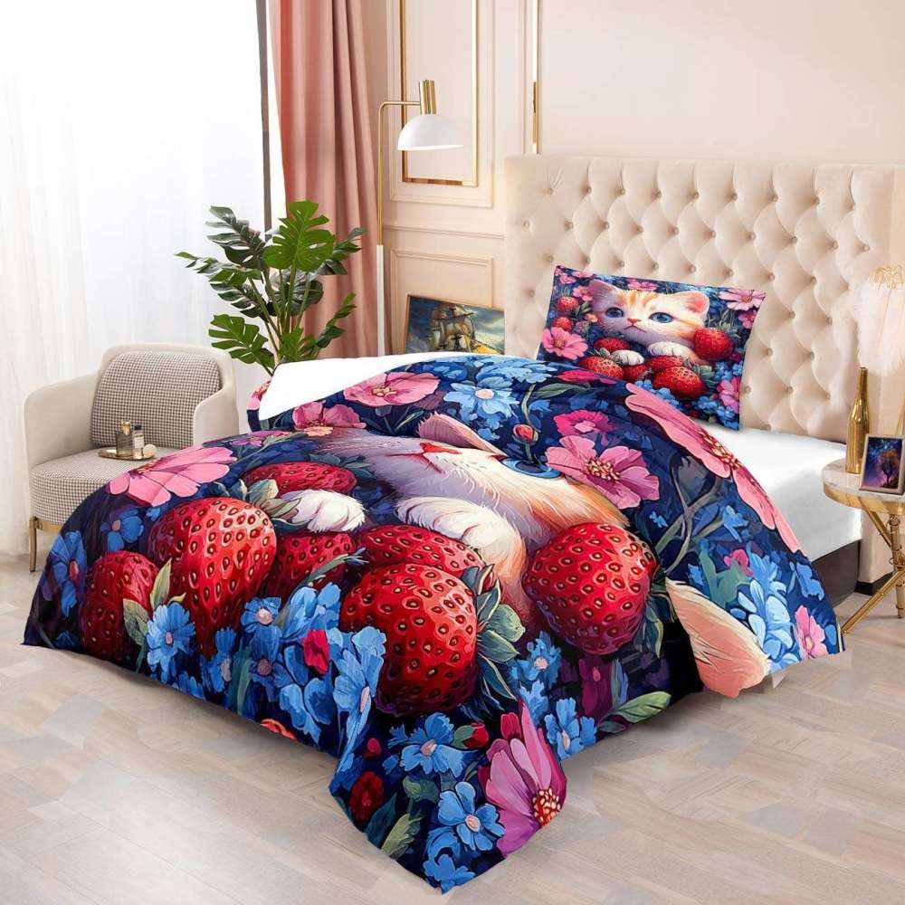 Strawberry Garden Kitten Comforter Set Girls Room | CozyLil