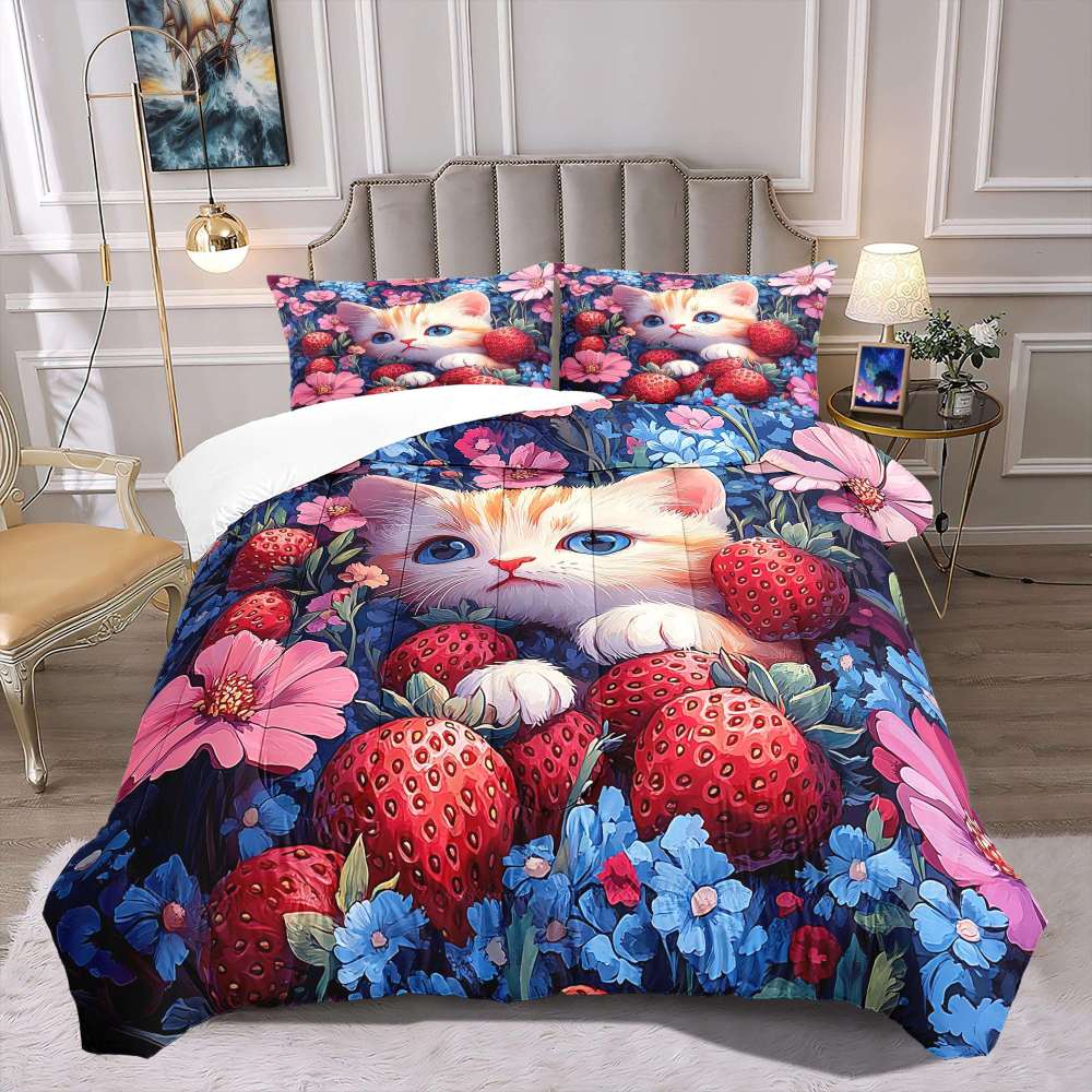 Strawberry Garden Kitten Comforter Set Girls Room | CozyLil