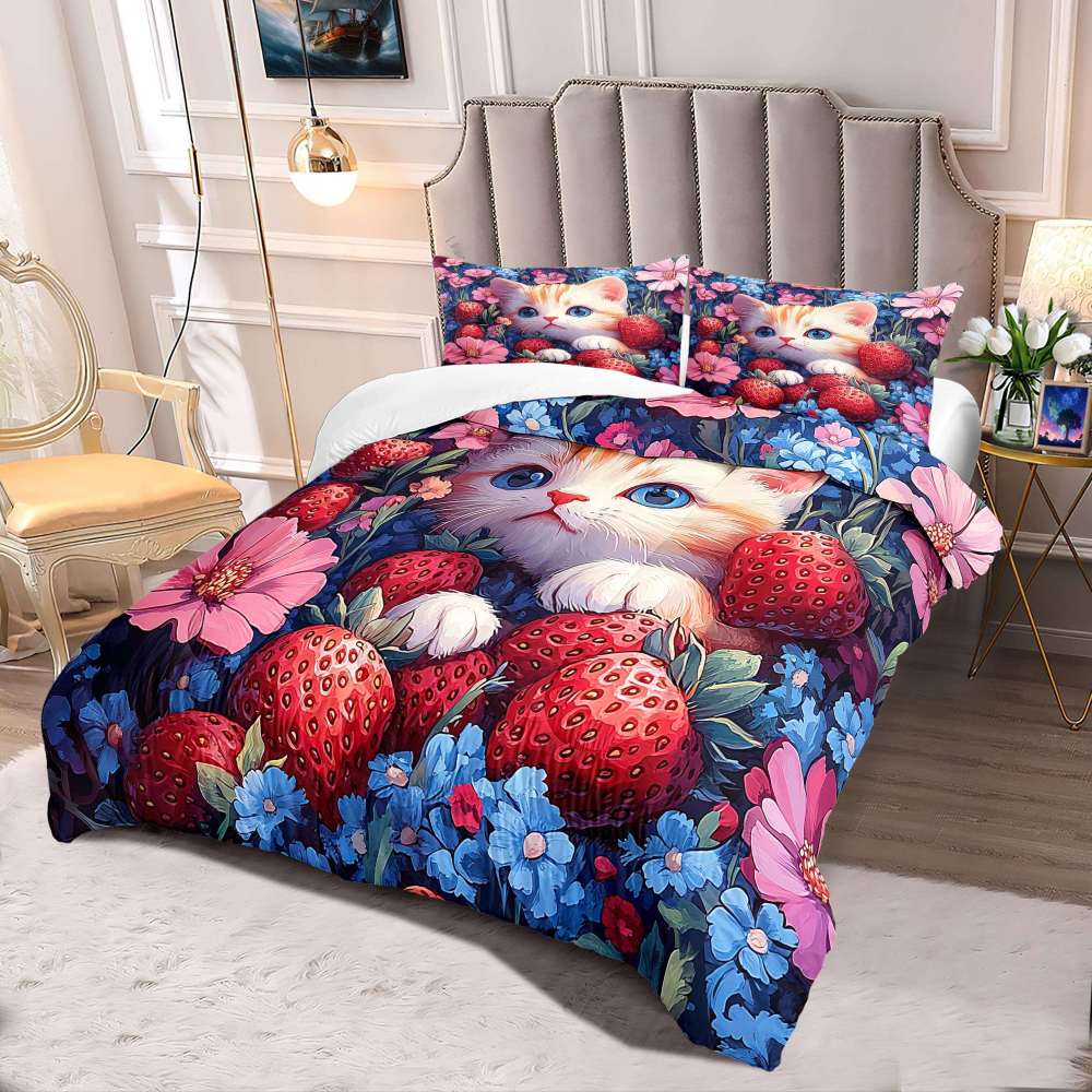 Strawberry Garden Kitten Comforter Set Girls Room | CozyLil