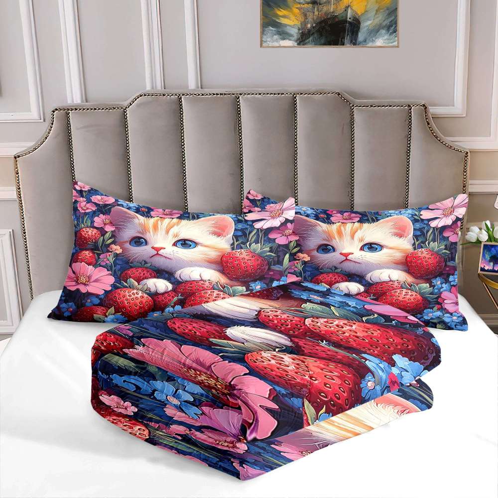Strawberry Garden Kitten Comforter Set Girls Room | CozyLil