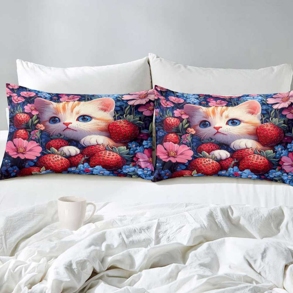 Strawberry Garden Kitten Comforter Set Girls Room | CozyLil
