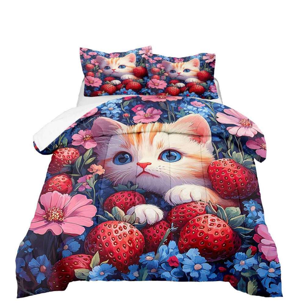 Strawberry Garden Kitten Comforter Set Girls Room | CozyLil