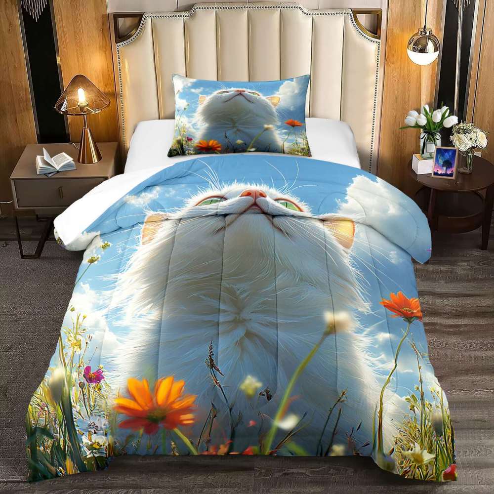 Fluffy Cloud Cat Comforter Set Sky Blue Bedding | CozyLil