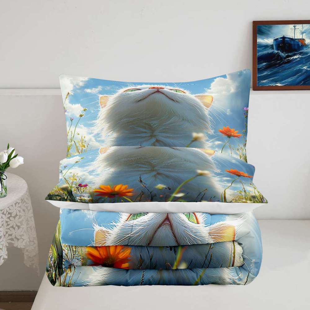 Fluffy Cloud Cat Comforter Set Sky Blue Bedding | CozyLil