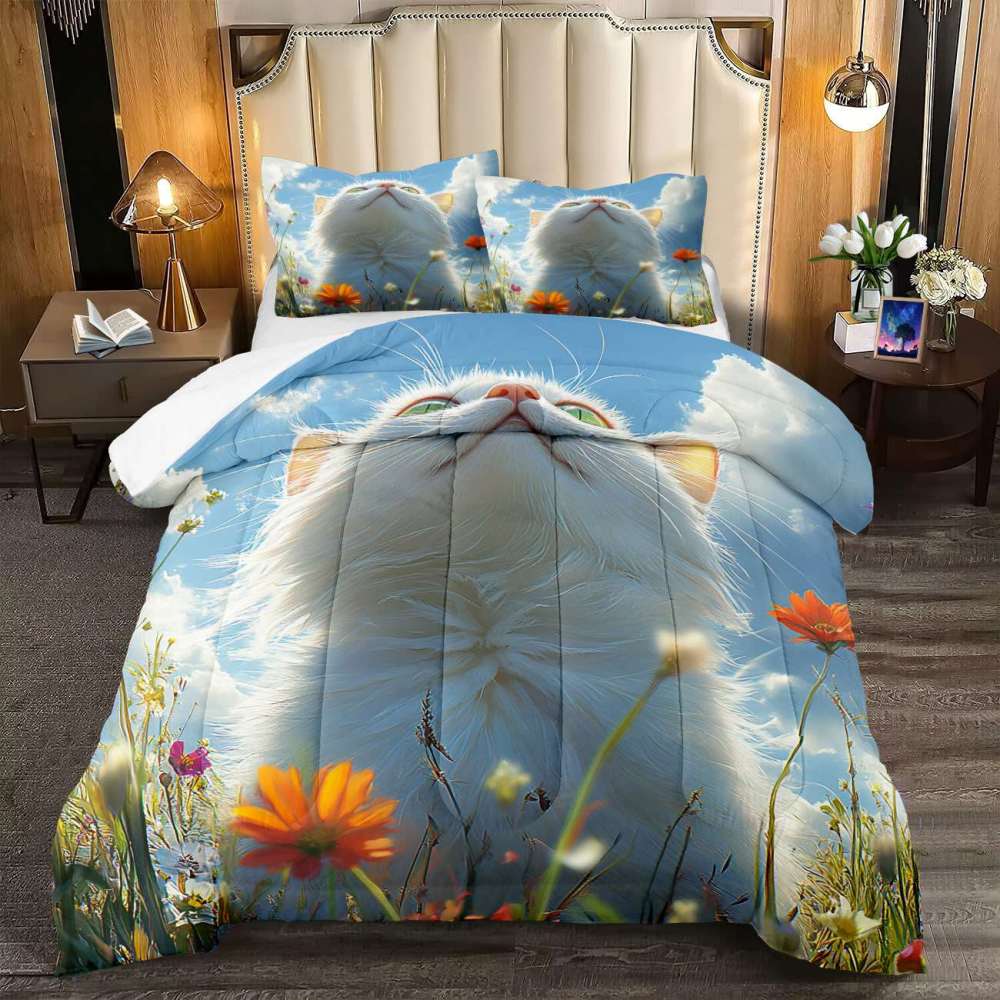 Fluffy Cloud Cat Comforter Set Sky Blue Bedding | CozyLil