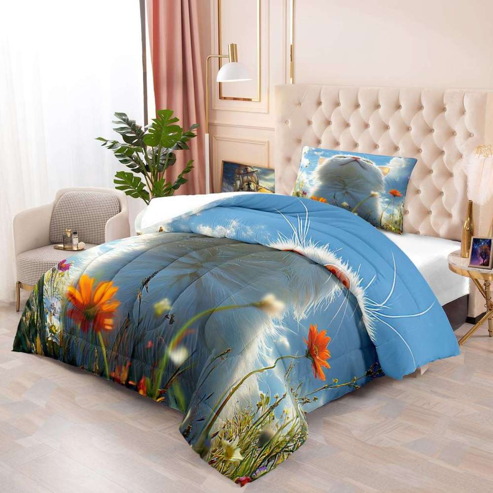 Fluffy Cloud Cat Comforter Set Sky Blue Bedding | CozyLil
